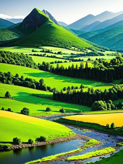 Paesaggio verde di montagna generato da AI