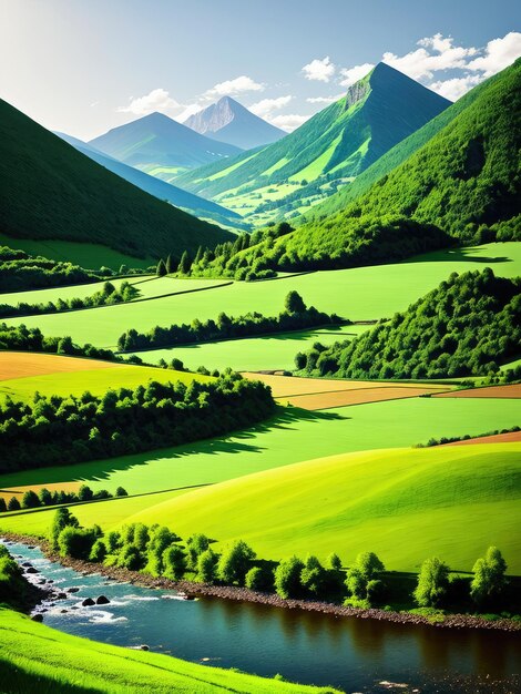 Paesaggio verde di montagna generato da AI