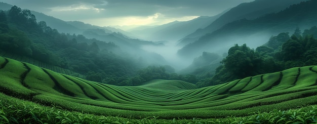 Paesaggio verde di piantagioni di tè in montagna