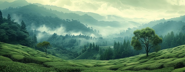 Paesaggio verde di piantagioni di tè in montagna