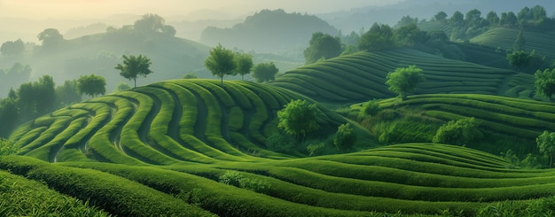 Paesaggio verde di piantagioni di tè in montagna