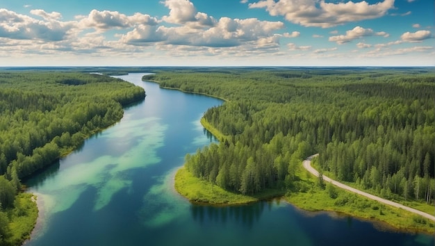 Paesaggio verde tranquillo con alberi e lago