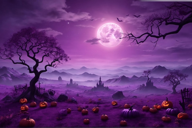 Paesaggio viola di Halloween sfondo di Halloween sfondo di Halloween paesaggio di Halloween sfondo AI generativo