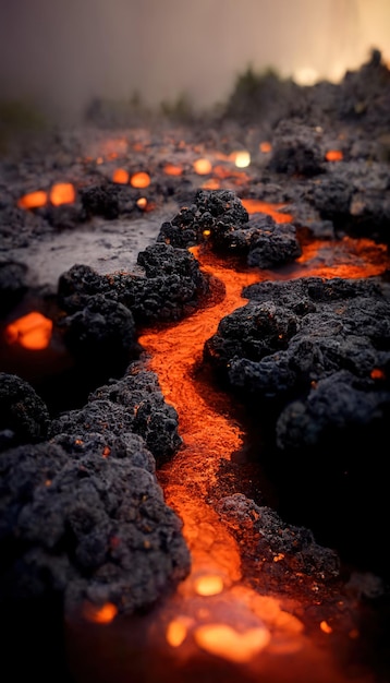 Paesaggio vulcanico apocalittico con lava calda e fumo e nuvole di cenere illustrazione 3D