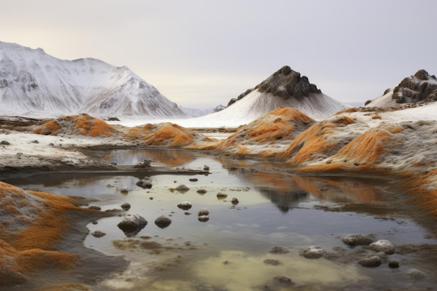 Paesaggio vulcanico con sorgenti termali contrastanti e terreno ghiacciato creato con l'IA generativa