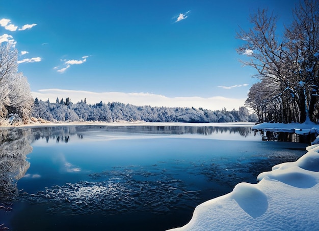 Paese delle meraviglie innevato Un lago tranquillo in inverno