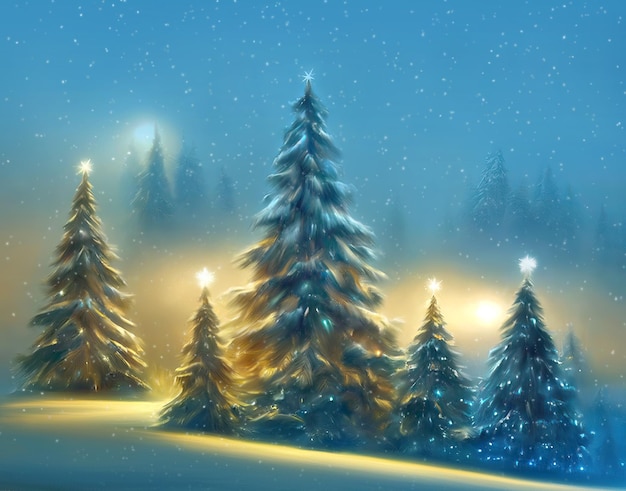 Paese delle meraviglie invernale a notte nebbiosa abeti decorati con stelle brillanti nevicate luci incandescenti illustrazione digitale 3D