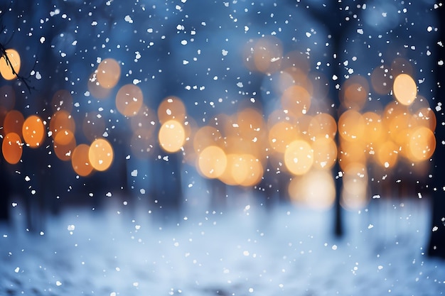 Paese delle meraviglie invernale innevato con luci Bokeh