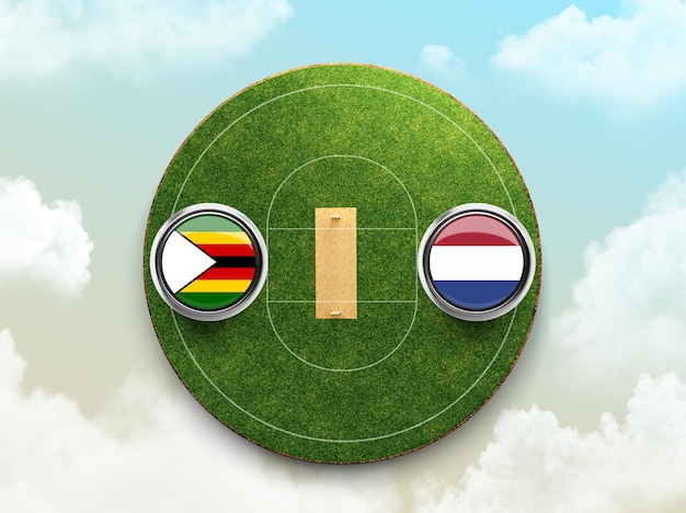 Paesi Bassi vs bandiera dello Zimbabwe cricket con badge a bottone sull'illustrazione 3d dello stadio