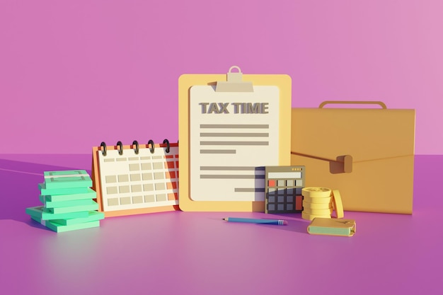 Pagamento delle tasse con appunti e calendario. rendering di illustrazioni 3d