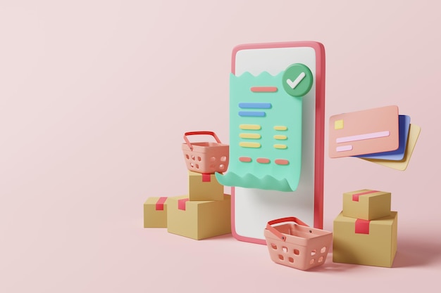 Pagamento di bollette di acquisto online sullo schermo del telefono cellulare con cestino di pacchi carta di credito su sfondo rosa Concetto di pagamento di acquisto online rendering 3d