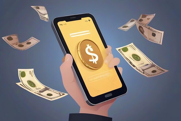 Pagamento internazionale di trasferimento di valuta tramite uno smartphone utilizzando uno smartphone Illustrazione vettoriale del concetto di denaro