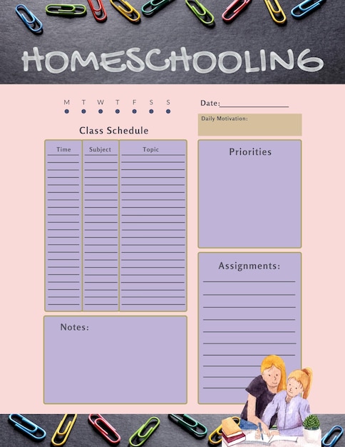 Pagina bianca digitale del modello stampabile del pianificatore scolastico