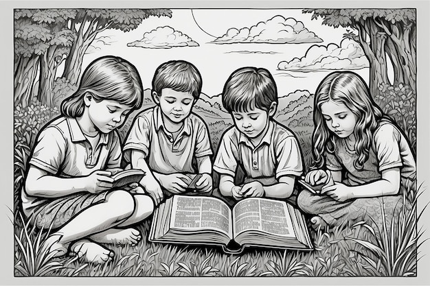 Pagina da colorare Bambini cristiani che leggono la Bibbia