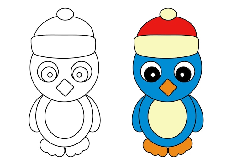 Foto pagina da colorare con il pinguino di natale in cappello
