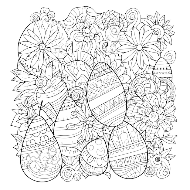 Pagina da colorare delle uova di Pasqua Illustrazione vettoriale in bianco e nero