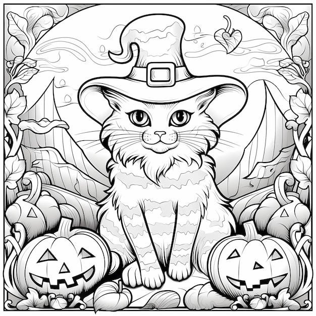 Pagina da colorare di gatto di Halloween con zucca e cappello da strega