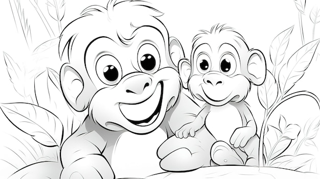 Pagina da colorare di orangutan con grandi occhi carini e il suo cucciolo AI generativa
