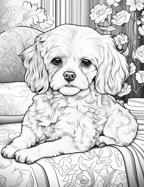 pagina da colorare di un cane seduto su un divano con fiori generativo ai