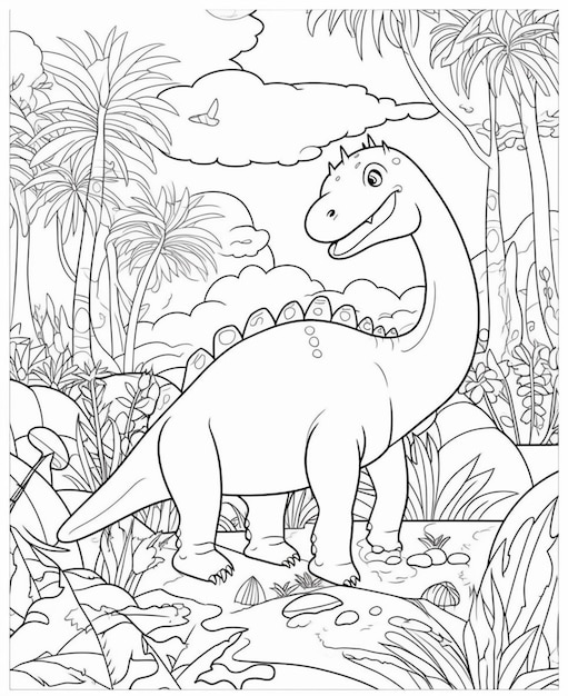 Pagina da colorare di un dinosauro con uno sfondo verde e un albero sullo sfondo.