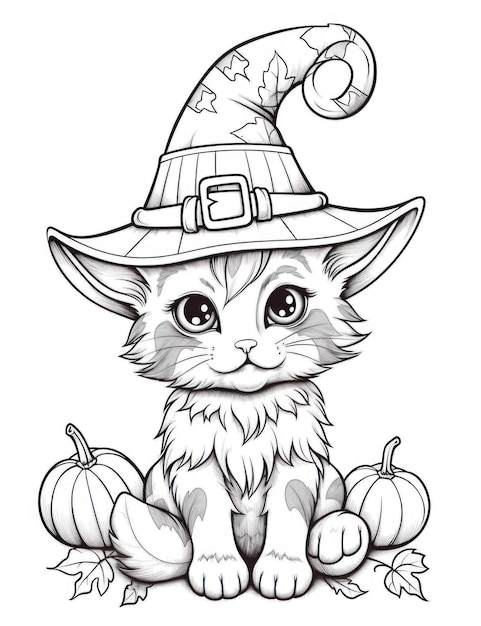 Pagina da colorare di un simpatico gatto di Halloween che indossa un cappello da strega