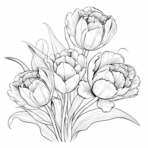 Pagina da colorare Elegant Tulips Crisp Line Art con sfondo bianco