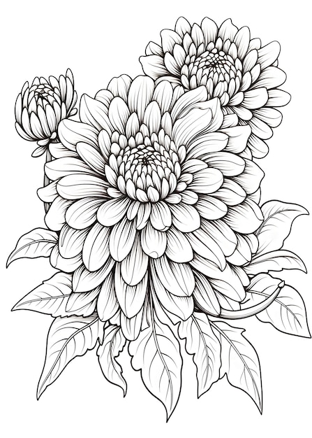 Pagina da colorare Flower Line art Pagina da colore Flower Coloring Pagina disegnata a mano Illustrazione del contorno del fiore Pagina da colori Flower line art per la pagina da colorare Disegno di un fiore con foglie AI Generative