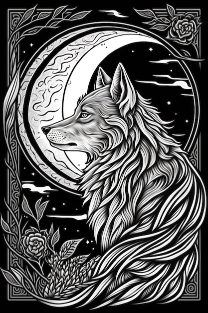 Pagina da colorare il lupo e la luna