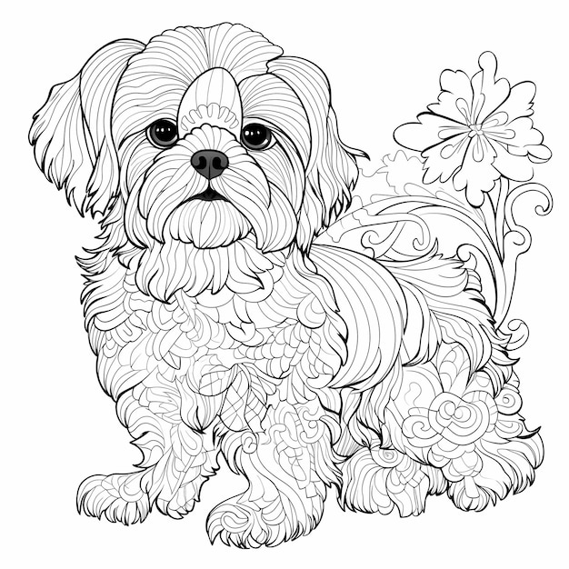 Pagina da colorare mandala di cane Shih Tzu in bianco e nero