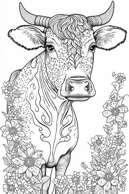Pagina da colorare mucca con fiori in stile mandala stile tribale pensare linee