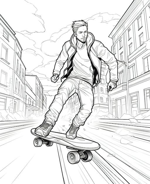 Pagina da colorare per adulti uomo su skateboard elettrico futuristico