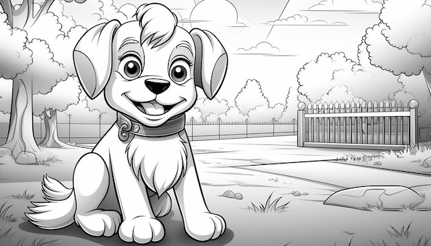 pagina da colorare per bambini cane carino nello stile dei cartoni animati del parco