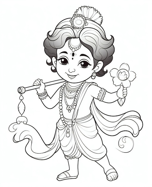 Pagina da colorare per bambini gioiosa di Krishna con flauto