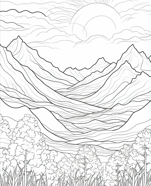 Pagina da colorare per bambini montagne con il sole