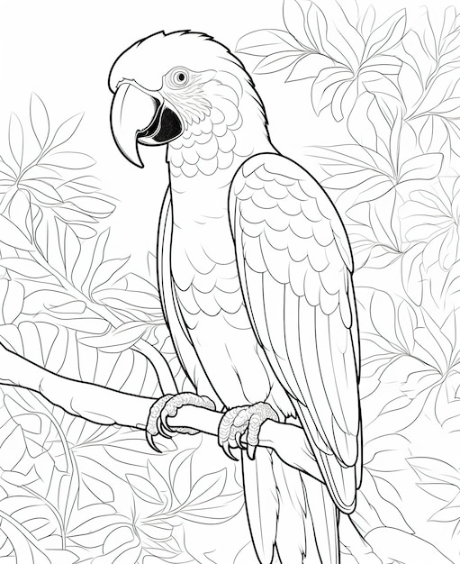 Pagina da colorare per bambini pappagallo nella giungla