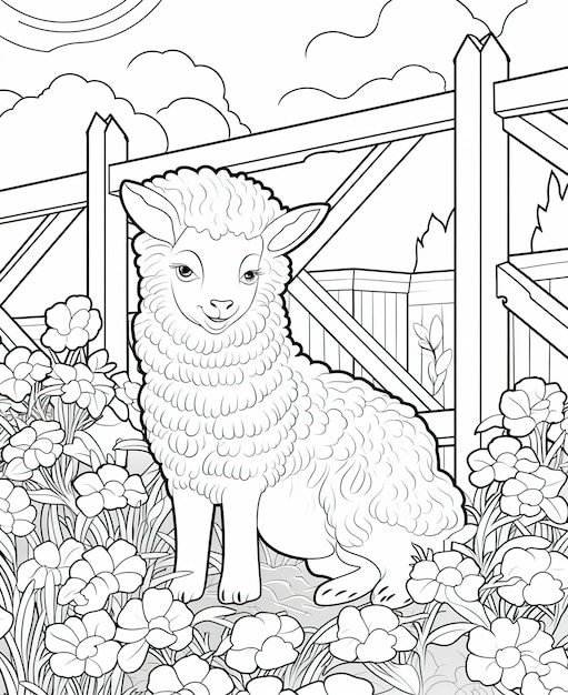 Pagina da colorare per bambini pecore in un giardino