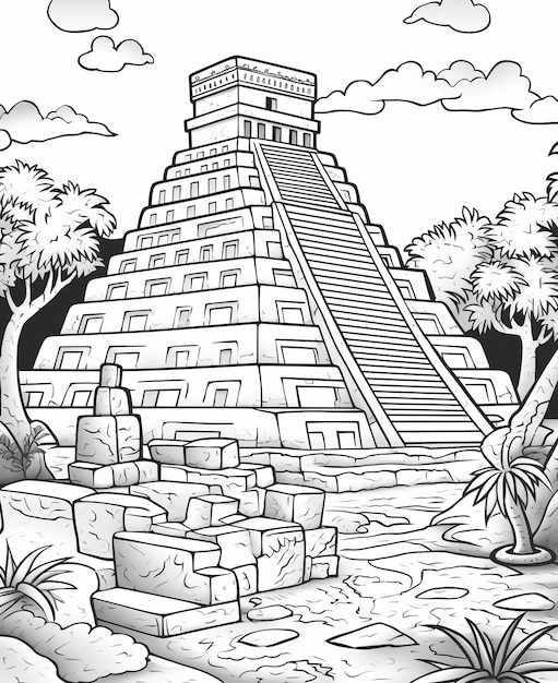 Pagina da colorare per bambini Piramide Maya