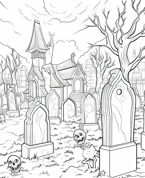 Pagina da colorare per bambini streghe spaventose in un cimitero