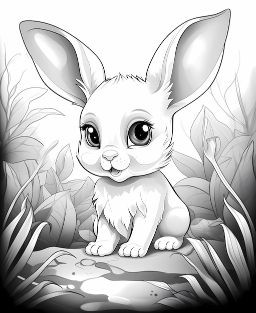 pagina da colorare per bambini un simpatico coniglietto in stile cartone animato giungla