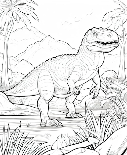 Pagina da colorare per la caccia ai dinosauri per bambini