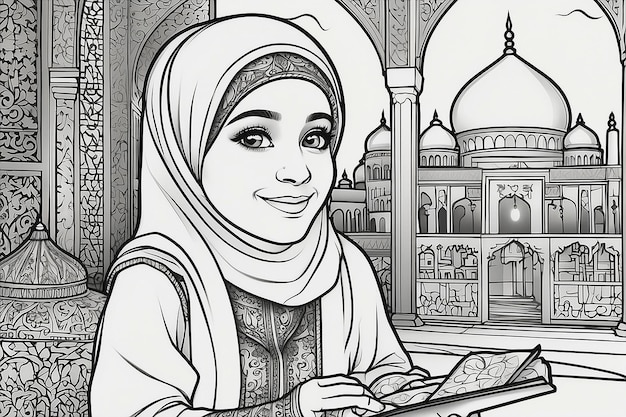 Pagina da colorare per ragazze musulmane del Ramadan per bambini