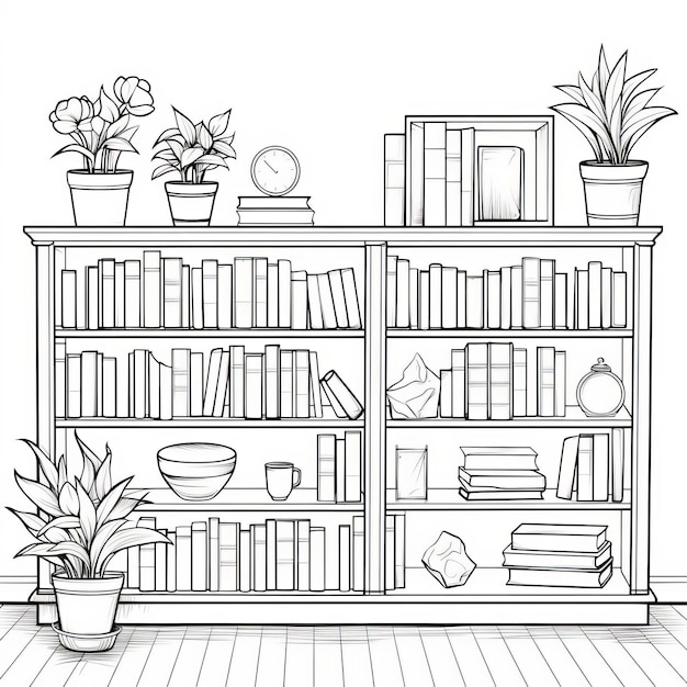 Pagina da colorare realistica da scaffale con libri e piante