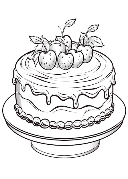 Pagina da colorare Torta di compleanno Torta da colorare Pagina di colorare torta di nozze Pagine da colorare Tarta di compleanno disegnata a mano Contorno illustrazione pagina da colorare libro AI Generativo