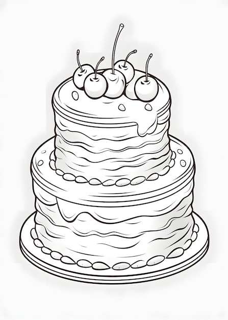 Pagina da colorare Torta di compleanno Torta da colorare Pagina di colorare torta di nozze Pagine da colorare Tarta di compleanno disegnata a mano Contorno illustrazione pagina da colorare libro AI Generativo