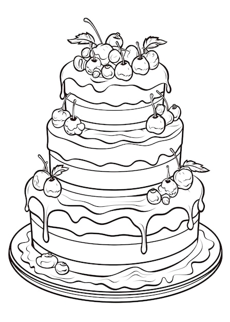 Pagina da colorare Torta di compleanno Torta da colorare Pagina di colorare torta di nozze Pagine da colorare Tarta di compleanno disegnata a mano Contorno illustrazione pagina da colorare libro AI Generativo