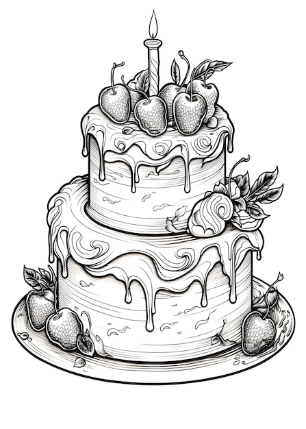 Pagina da colorare Torta di compleanno Torta da colorare Pagina di colorare torta di nozze Pagine da colorare Tarta di compleanno disegnata a mano Contorno illustrazione pagina da colorare libro AI Generativo