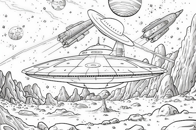 Pagina da colorare Un dinamico disegno in bianco e nero di un'elegante nave spaziale che vola attraverso la vasta distesa dello spazio