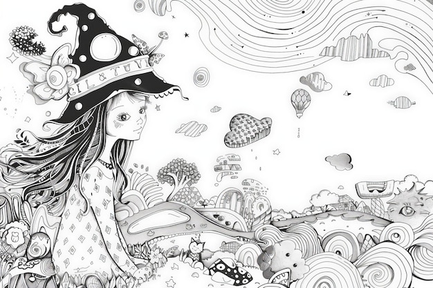 Pagina da colorare Un disegno stravagante di una ragazza che indossa un cappello unico adornato di girasoli