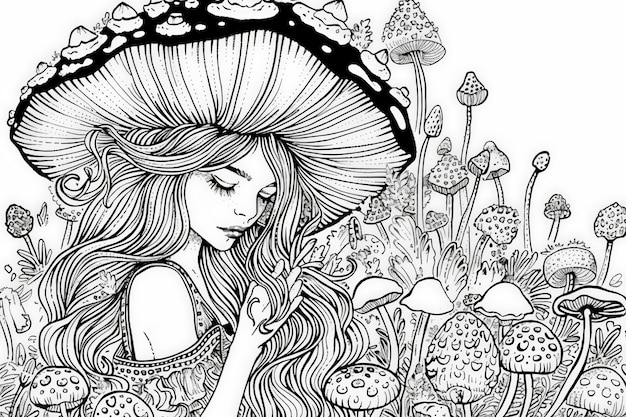 Pagina da colorare Un disegno stravagante di una ragazza con i capelli lunghi che scorrono e che indossa un cappello a funghi magici