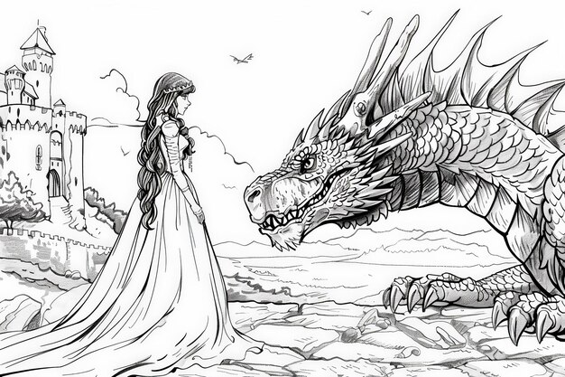 Pagina da colorare Una donna si trova coraggiosamente accanto a un maestoso drago di fronte a un castello incombente catturando un momento di meraviglia e coraggio mitico